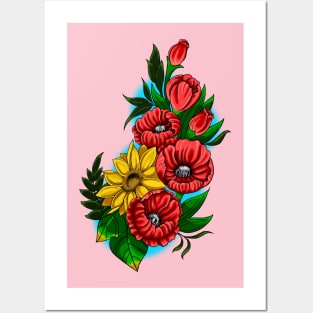 Poppies and Sunflower Tattoo Design Posters and Art